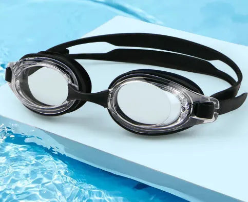 Myopia swimming goggles with HD waterproof non-fogging lenses in a case, available in multiple colours.