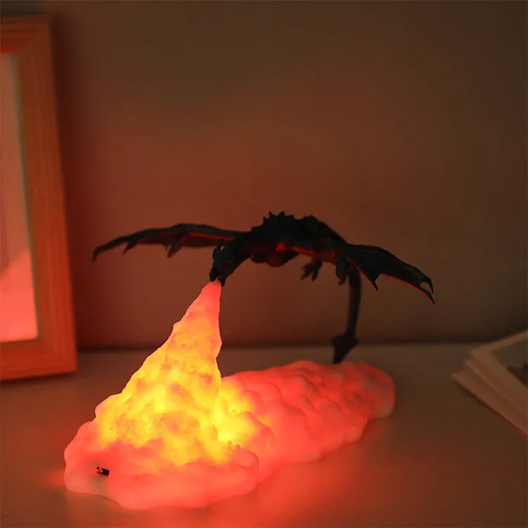 3D-printed red fire-breathing dragon decorative night light on a table