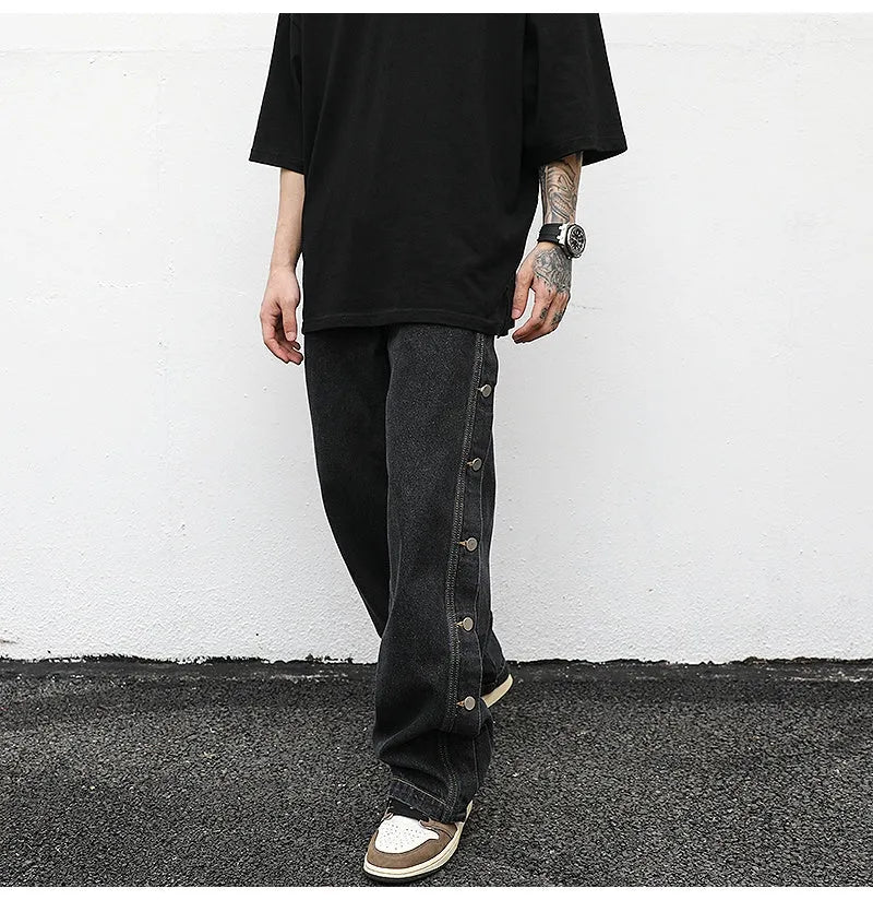 Women's straight loose jeans in black cotton with zip fly, mid-low waist, sizes M L XL
