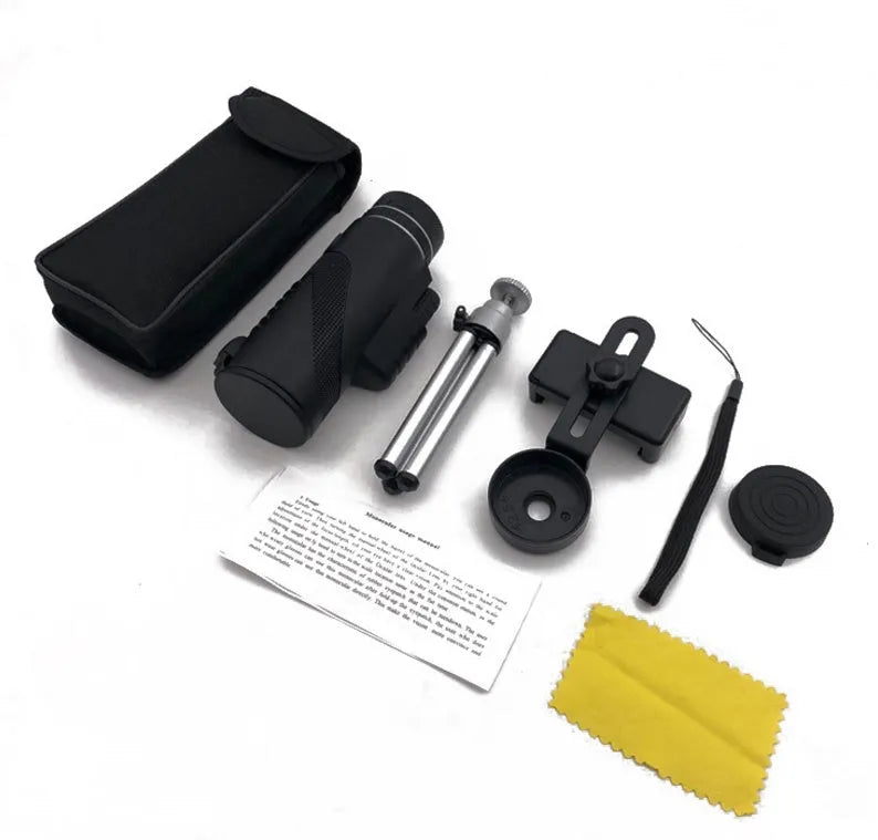 Black 40x60 mobile phone telescope monocular with waterproof nitrogen-filled construction and FMC green film lenses