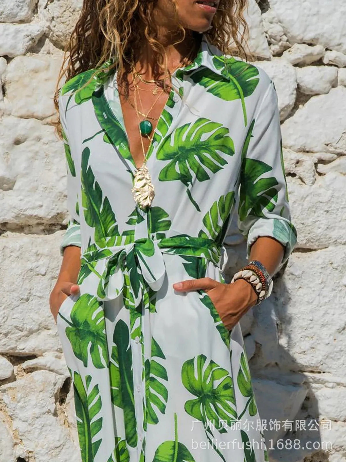 Women's printed chiffon A-line dress with V-neck and high waist design