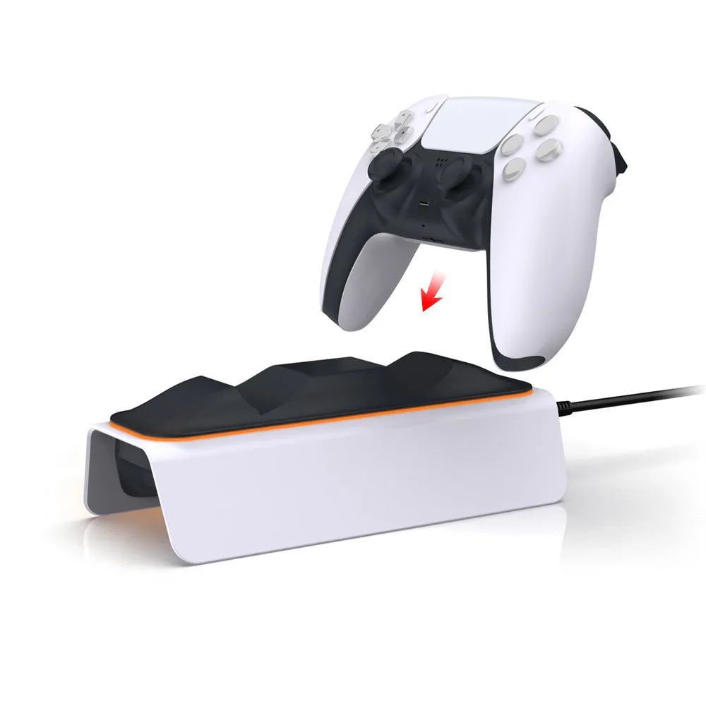 White PS5 dual controller charger for two DualSense gamepads with US or universal plug