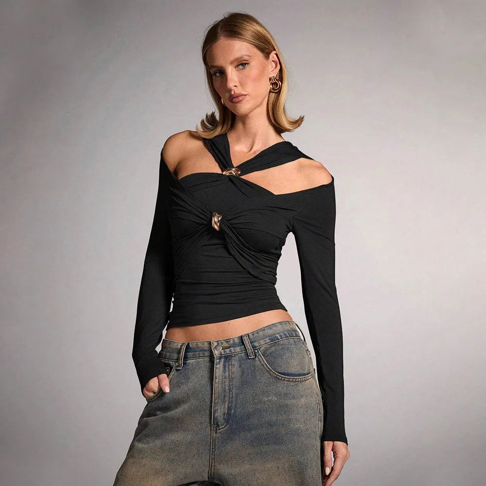 Black women's halter neck slim fit top with long sleeves on mannequin