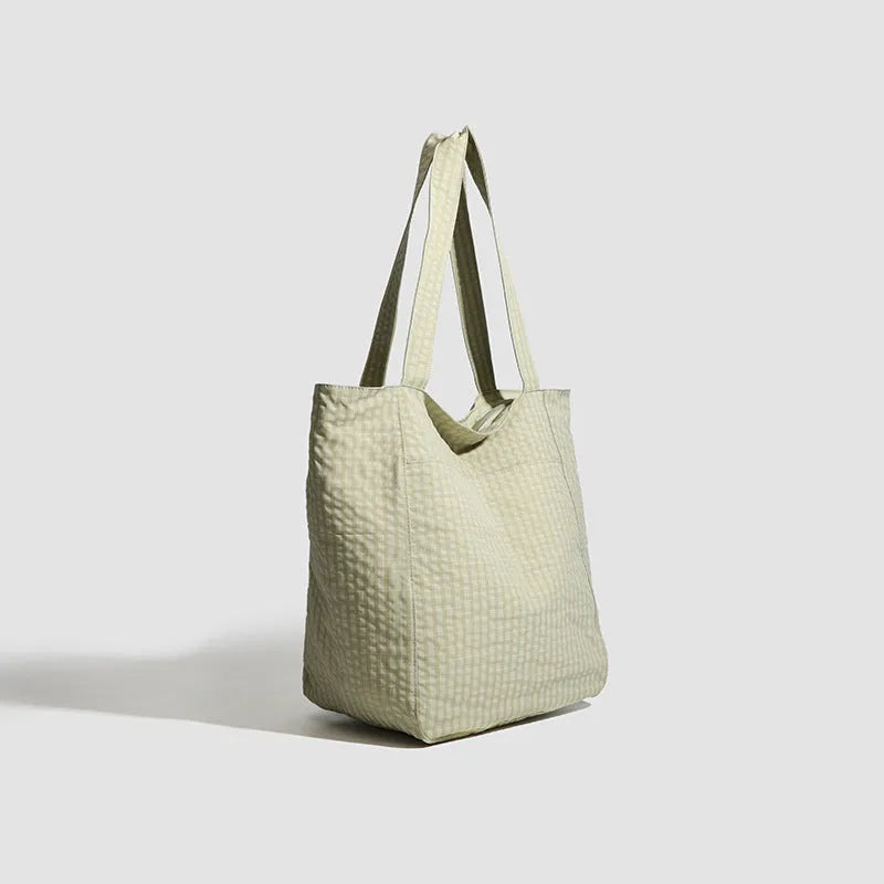 Polyester striped seersucker women's shoulder bag in soft horizontal square shape with three-dimensional pocket