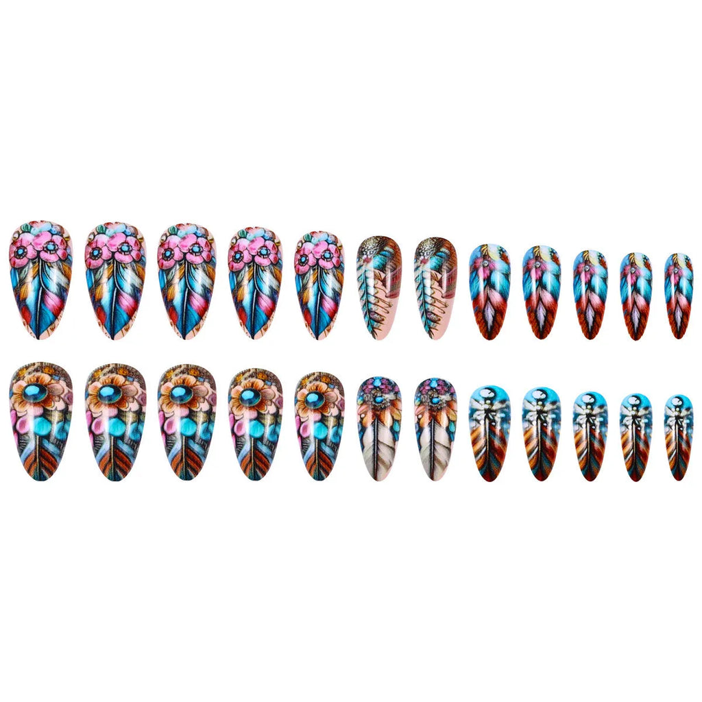 Retro style nail art kit showing colourful feather armour, cartoon, flower, love, and butterfly patterns on a jelly glue burnishing stick.