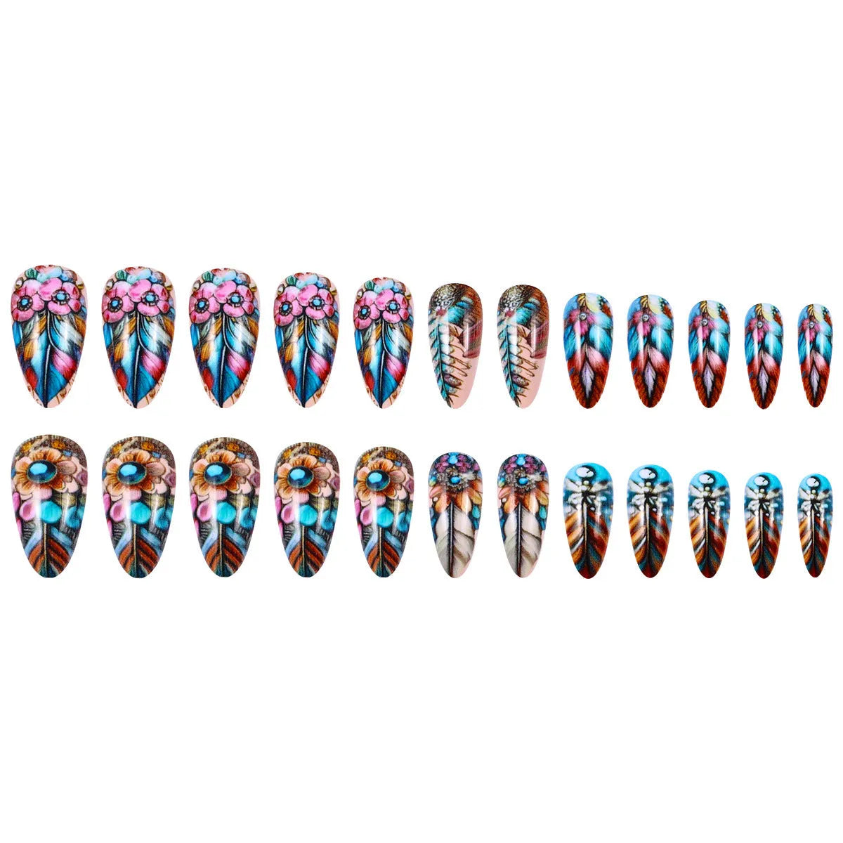 Retro style nail art kit showing colourful feather armour, cartoon, flower, love, and butterfly patterns on a jelly glue burnishing stick.