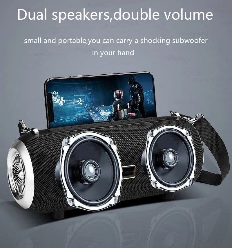 F666 square portable Bluetooth speaker with fabric mesh finish, shoulder strap, and extended FM antenna.