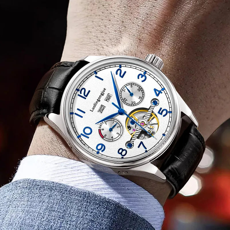 Men's stainless steel business mechanical watch with sapphire glass and leather strap