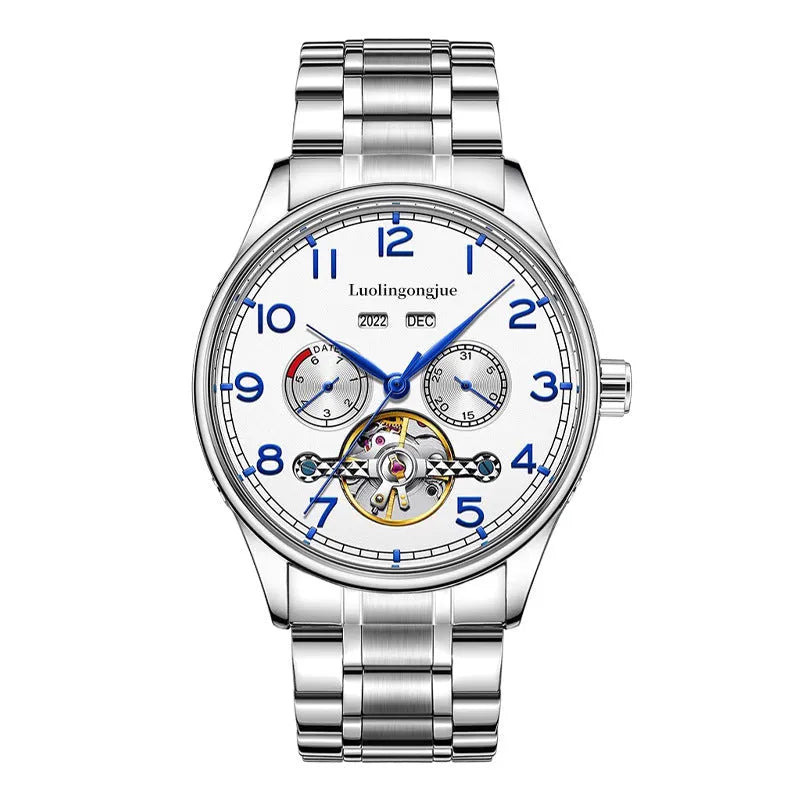 Men's stainless steel business mechanical watch with sapphire glass and leather strap