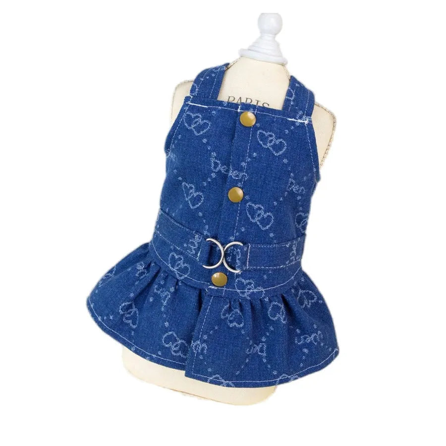 Teddy Bichon small dog wearing denim princess dress with bracket skirt design