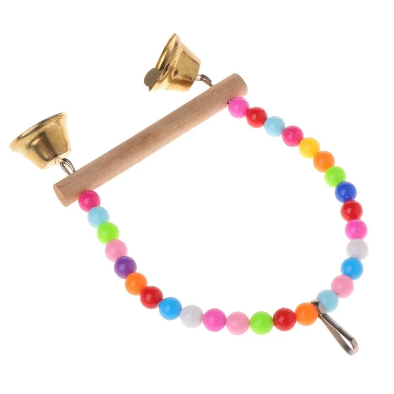 Wooden parrot swing with colourful beads, two bells, and a hanging hook, 10cm by 1.4cm by 15cm