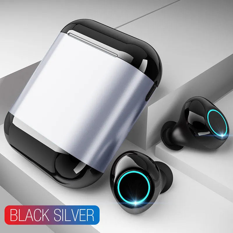 TWS wireless Bluetooth earplugs in black, gold, or light grey with in-ear design