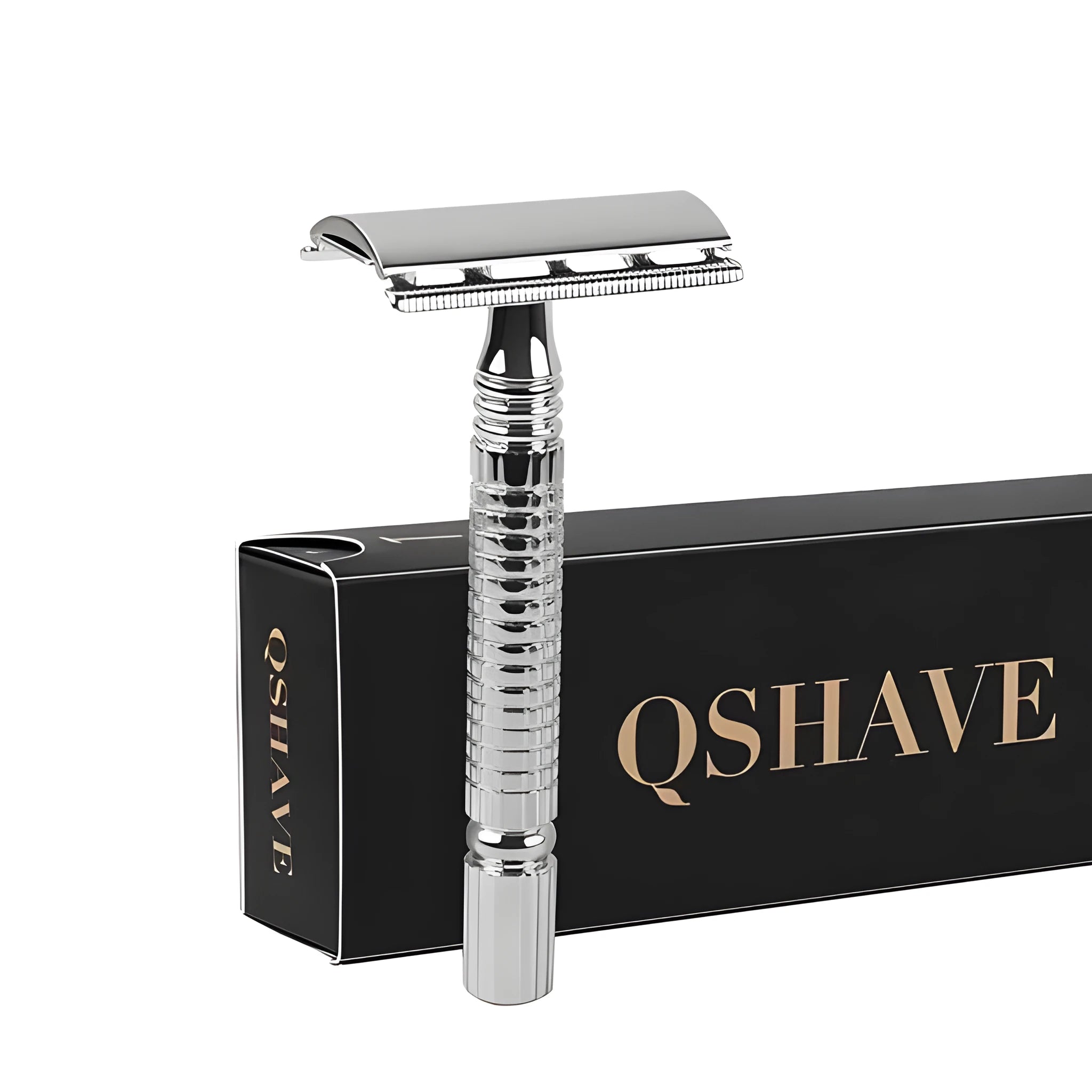 Double edged safety razor with metal handle and head next to its blade and storage box.