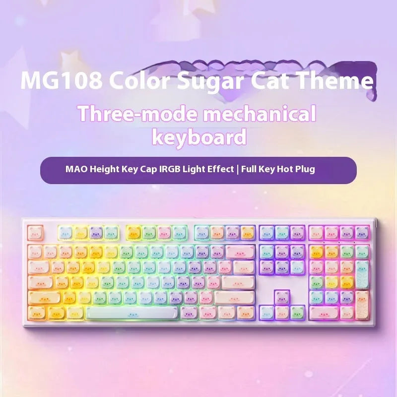 Coloured sugar cat theme Bluetooth mechanical keyboard with piano switches on a desk.