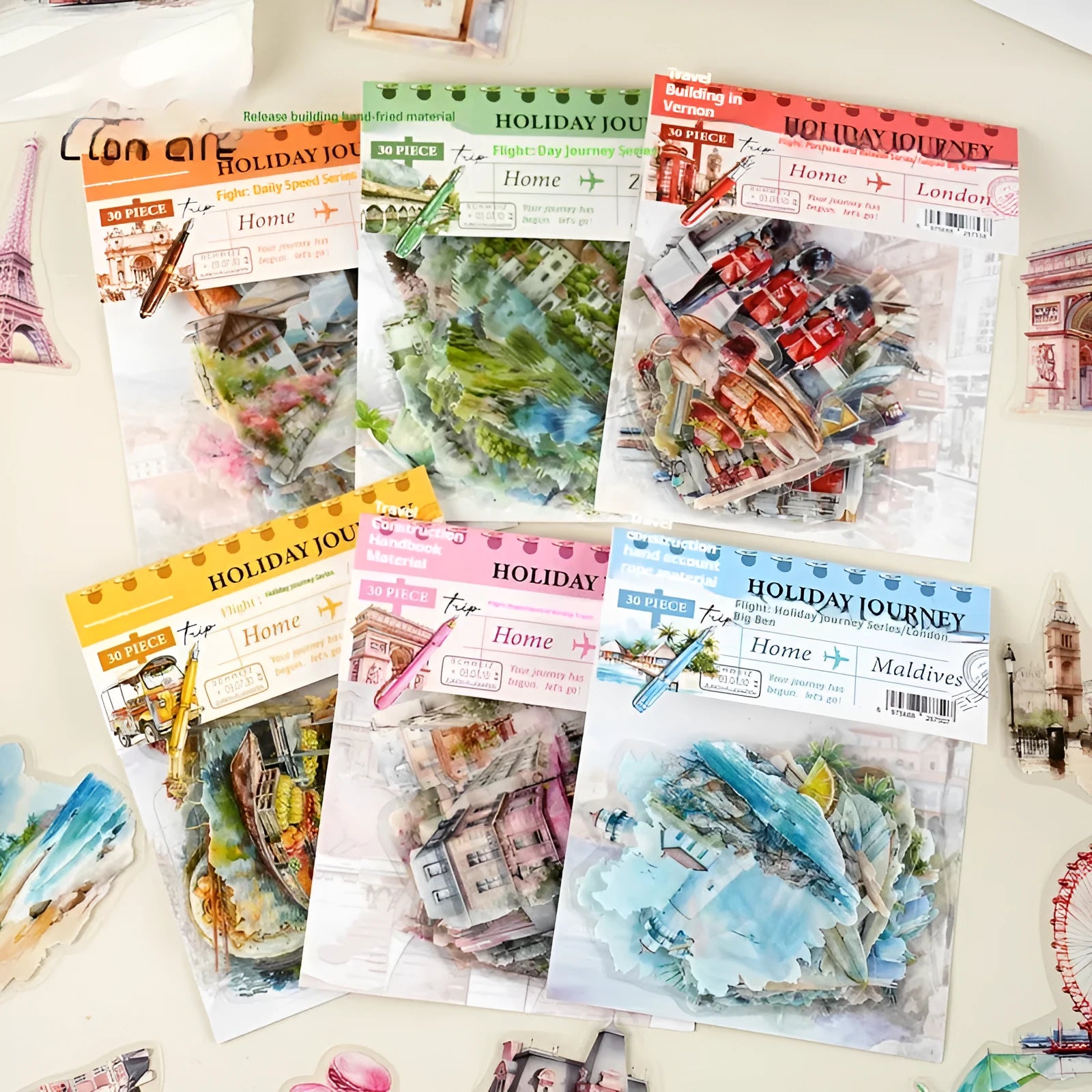 Holiday Journey Series pack of seven retro architecture and travel destination journal stickers.