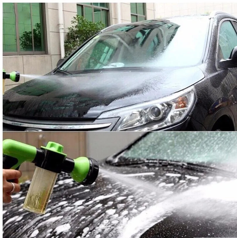 Green high-pressure foam spray gun with adjustable nozzle for car washing and household cleaning tasks