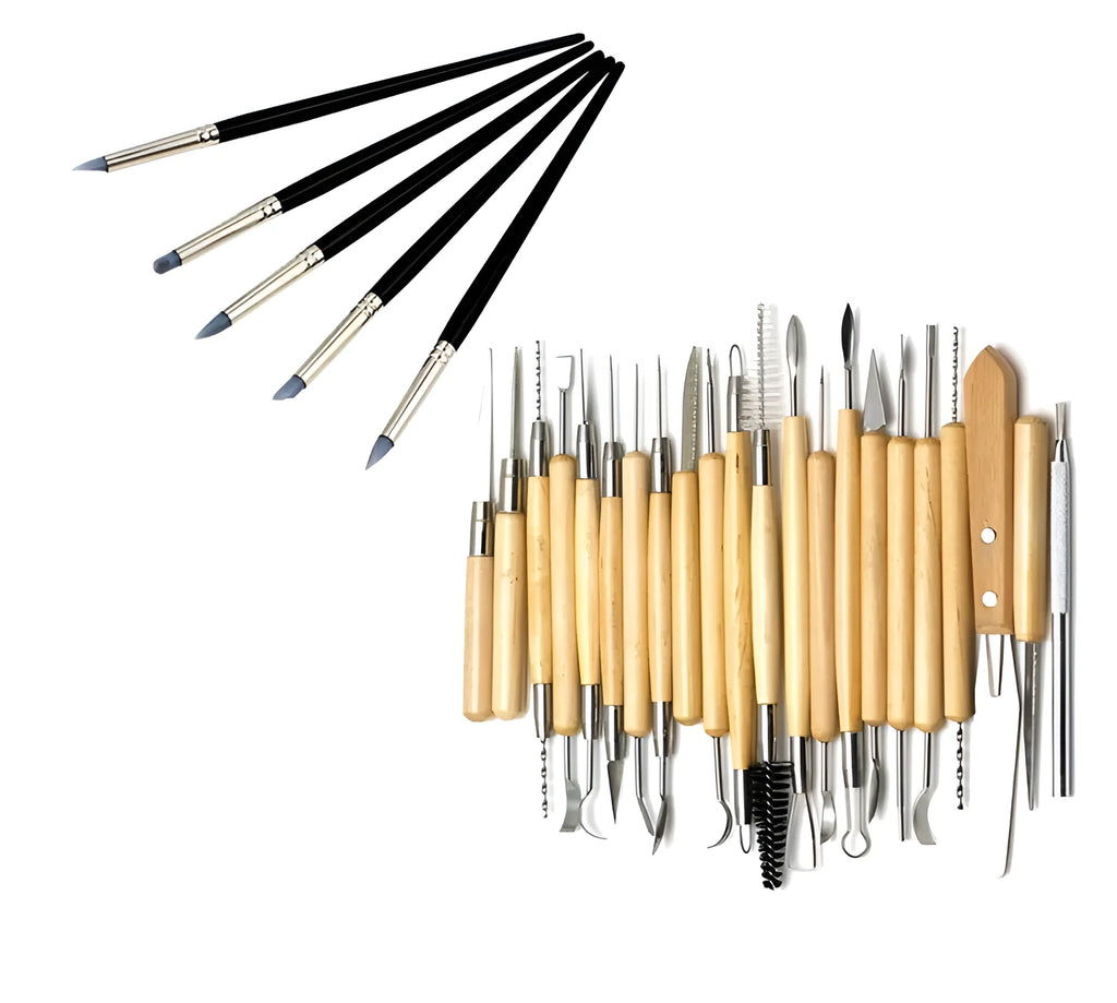 27-piece brown pottery clay tool set with rolling pin and stainless steel tools in an OPP bag.
