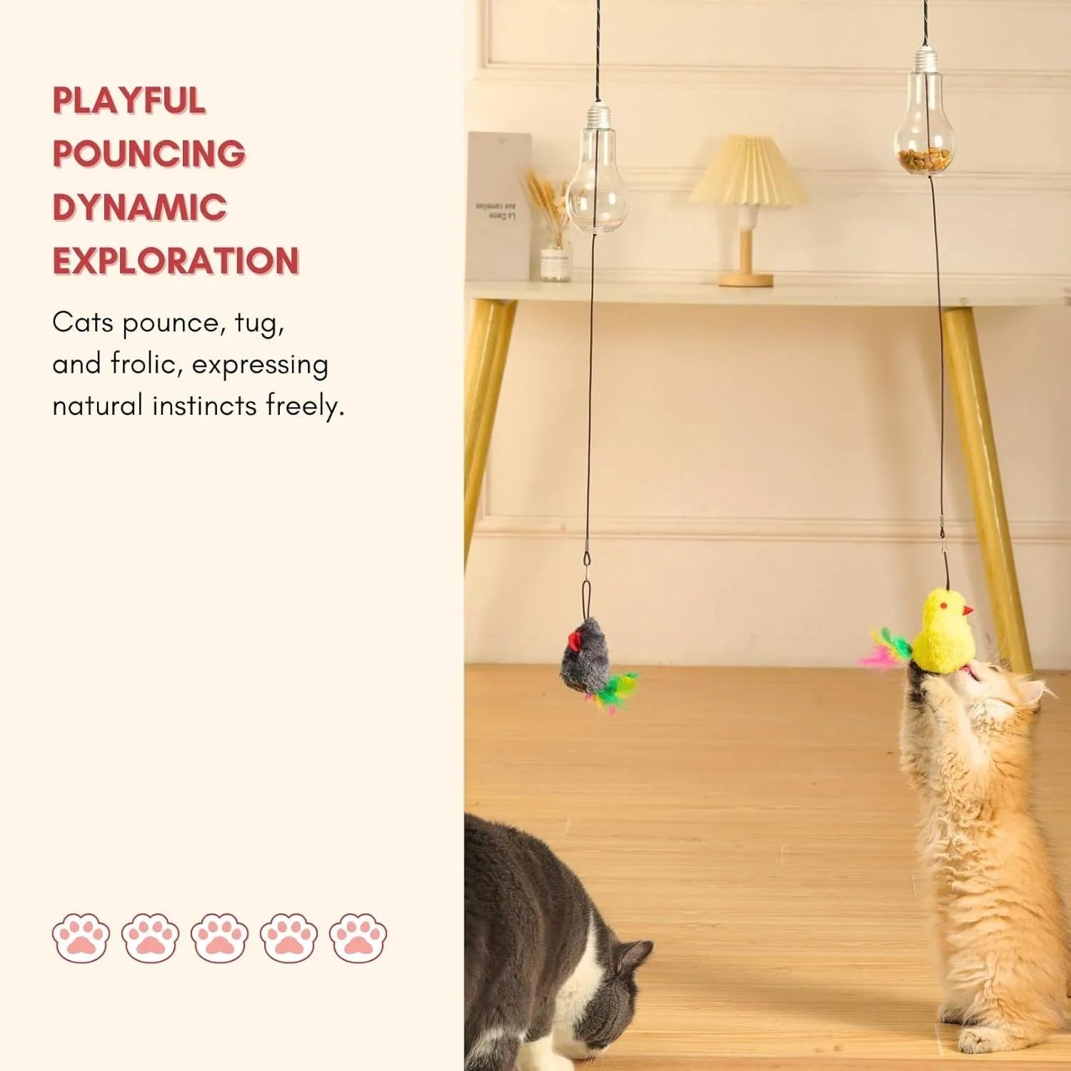 Grey interactive cat toy hanging from door frame with retractable elastic rope, treat dispenser bulb, and dangling mouse attachment