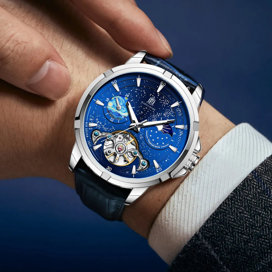 Men's automatic mechanical watch with blue dial and stainless steel case, 14mm thickness