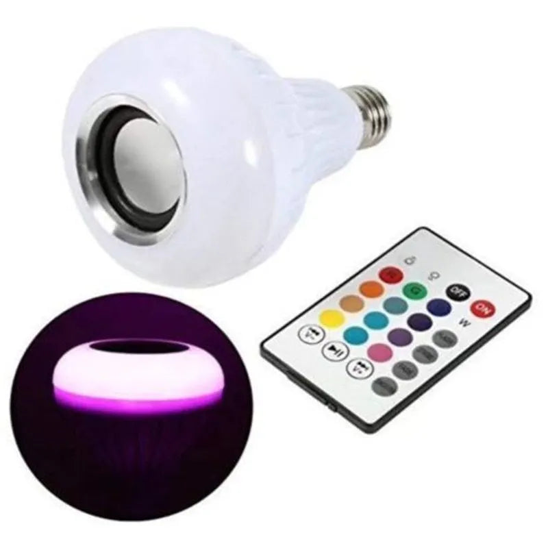 White Bluetooth speaker LED light bulb with E27 base showing multi-colour lighting options