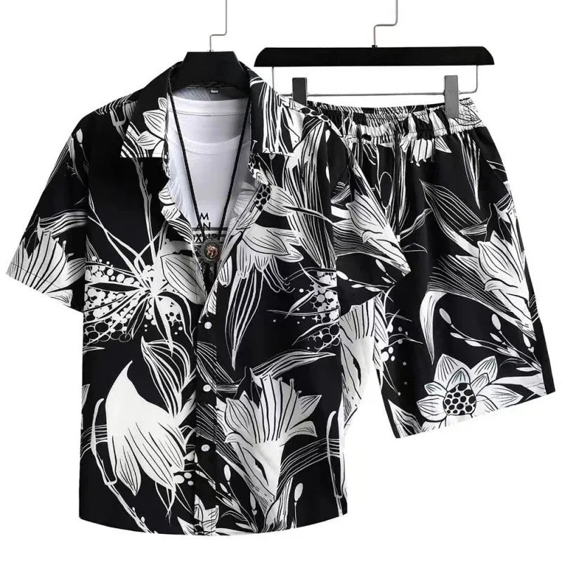 Men's short sleeve cardigan and shorts casual suit set with digital print design in blue.