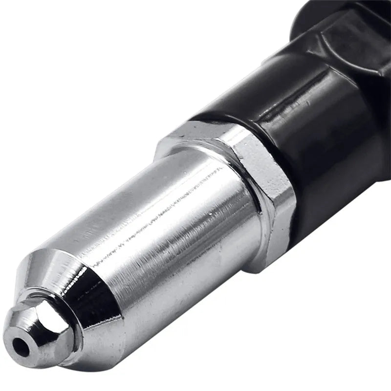 Black metal electric drill rivet gun conversion tool with handle, wrench, and rivet heads