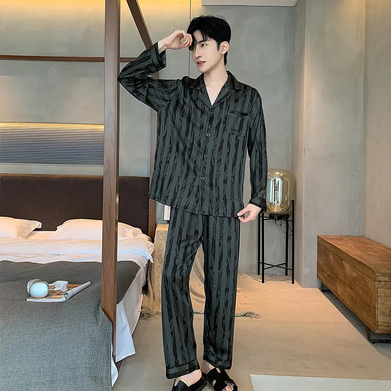 Men's black stripes ice silk pajama set with V-neck top and long trousers
