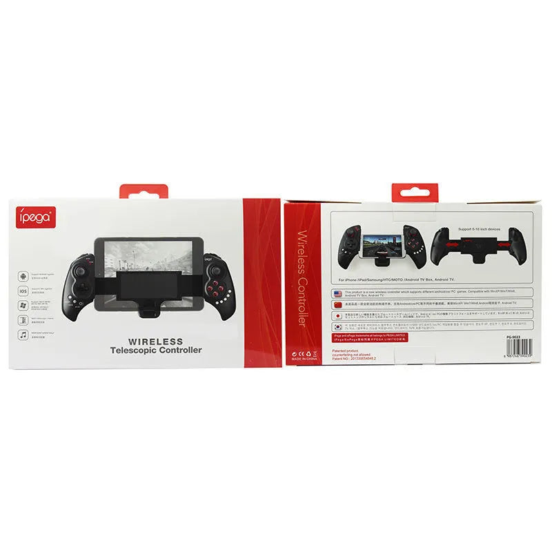 Wireless telescopic game controller extended with phone inserted, showing controls and USB port