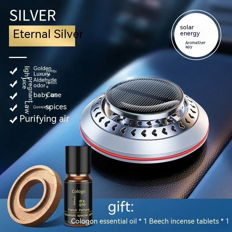 Solar-powered car air purifier in black, red, or silver aluminium alloy with essential oil diffuser