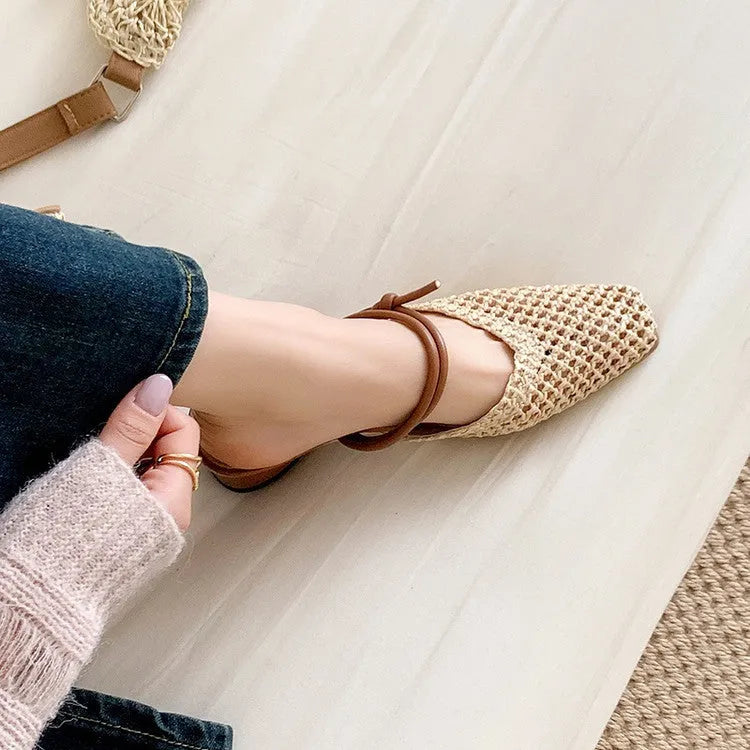 Women's black retro square toe slippers with chunky mid heel and breathable hollow-out PU upper.