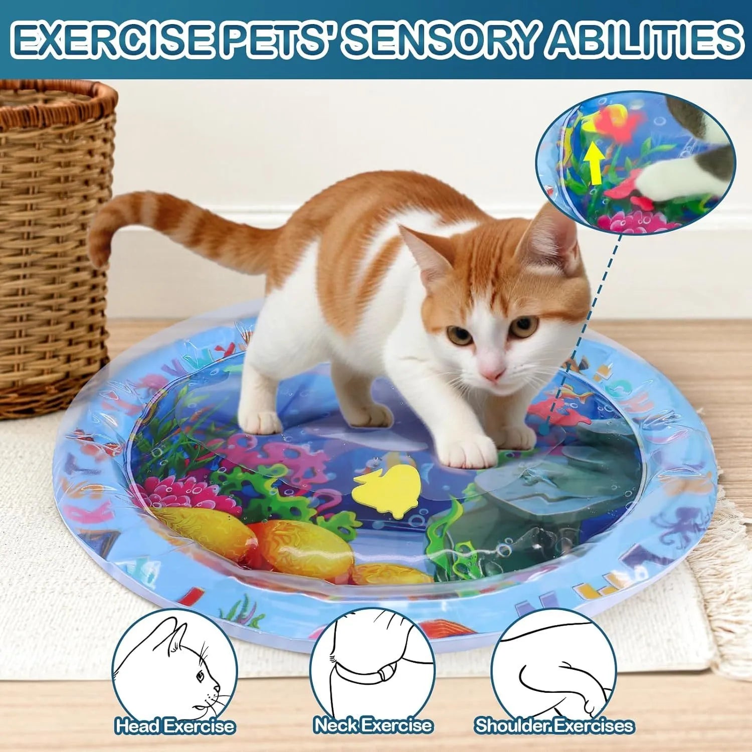100cm square water sensory playmat for cats with ocean fish design and floating toys inside