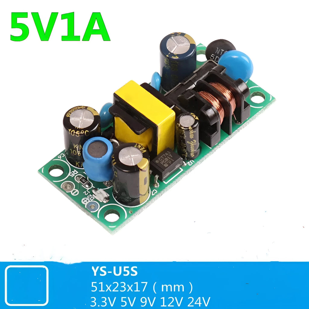 YS U5S metal-cased switching power supply module for AC to 5V DC conversion.