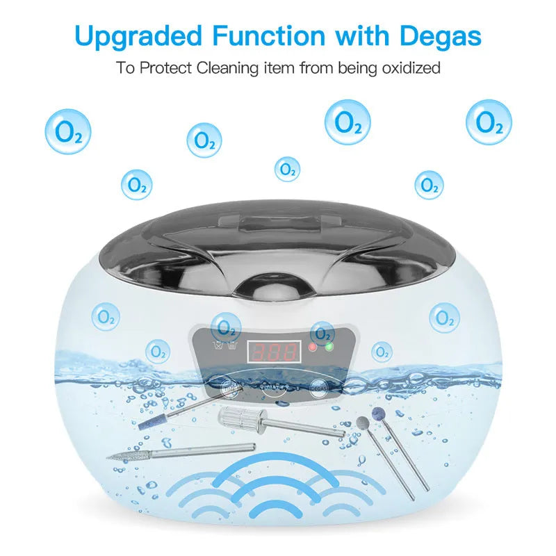 Ultrasonic cleaning machine for home in white blue, 40KHz digital control, compact 20.6 x 15.2 x 13.2 cm