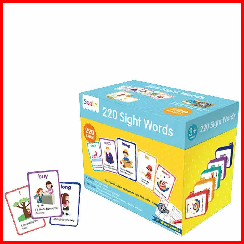 High frequency word card gift box set with 220 game cards and 5 workbooks for early phonics learning.