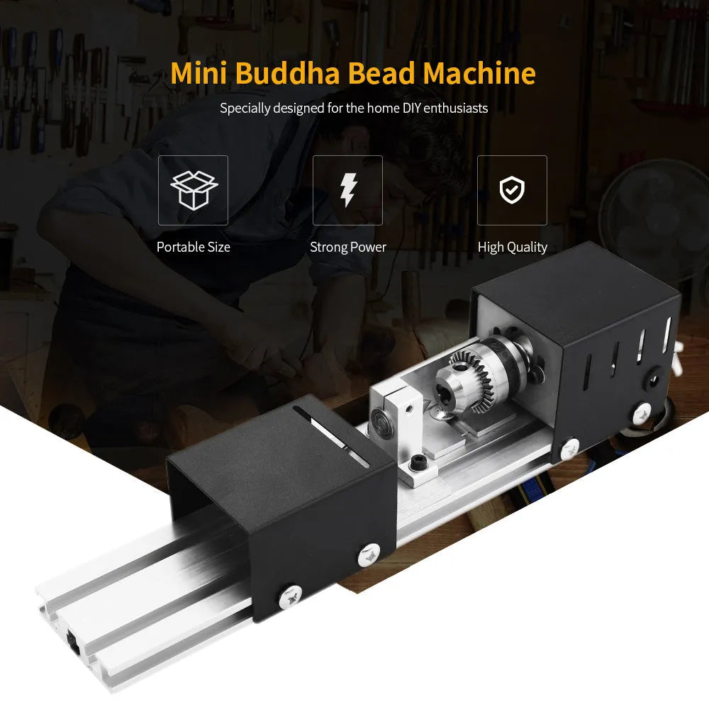 Mini metal manual woodworking lathe with carving knives on a workbench