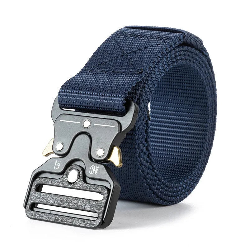 Men's thick canvas tactical belt with alloy release buckle shown in khaki colour