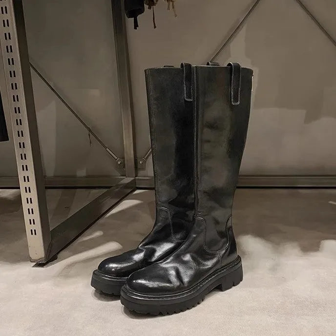 Round head thick bottom chunky heel long tube knight boots in black with back zipper