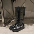 Round head thick bottom chunky heel long tube knight boots in black with back zipper