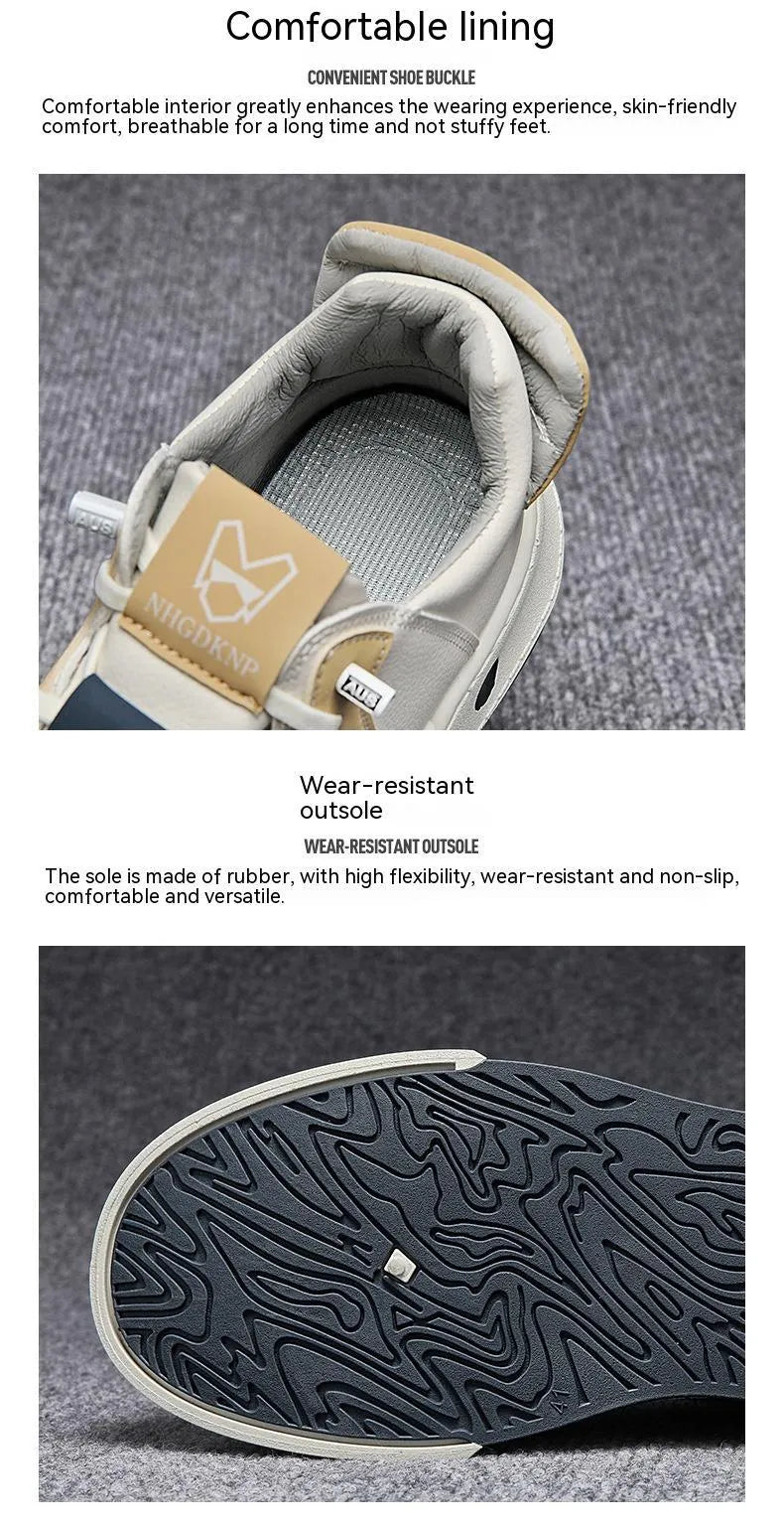 Men's beige low-top casual sneakers with elastic band and leather stitching.