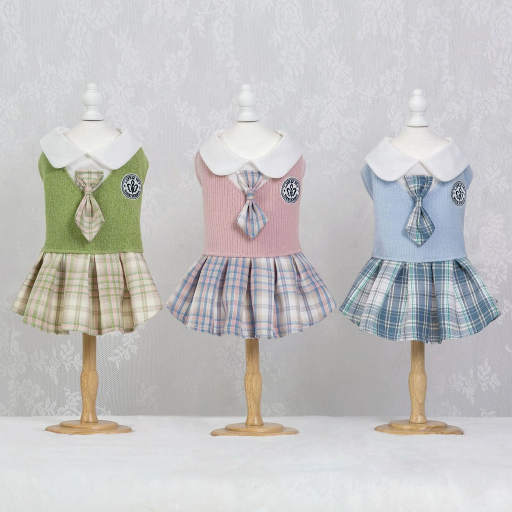 Pink, blue, and green tartan princess skirt for dogs and cats on a white background