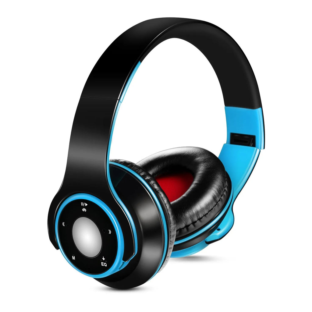Foldable wireless Bluetooth headset with adjustable hinges in blue, red, or rose red colours