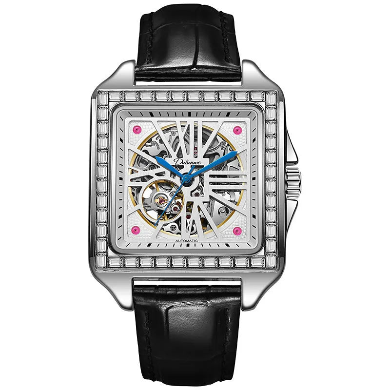 Men's square automatic watch with diamond-studded design on steel belt