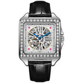 Men's square automatic watch with diamond-studded design on steel belt