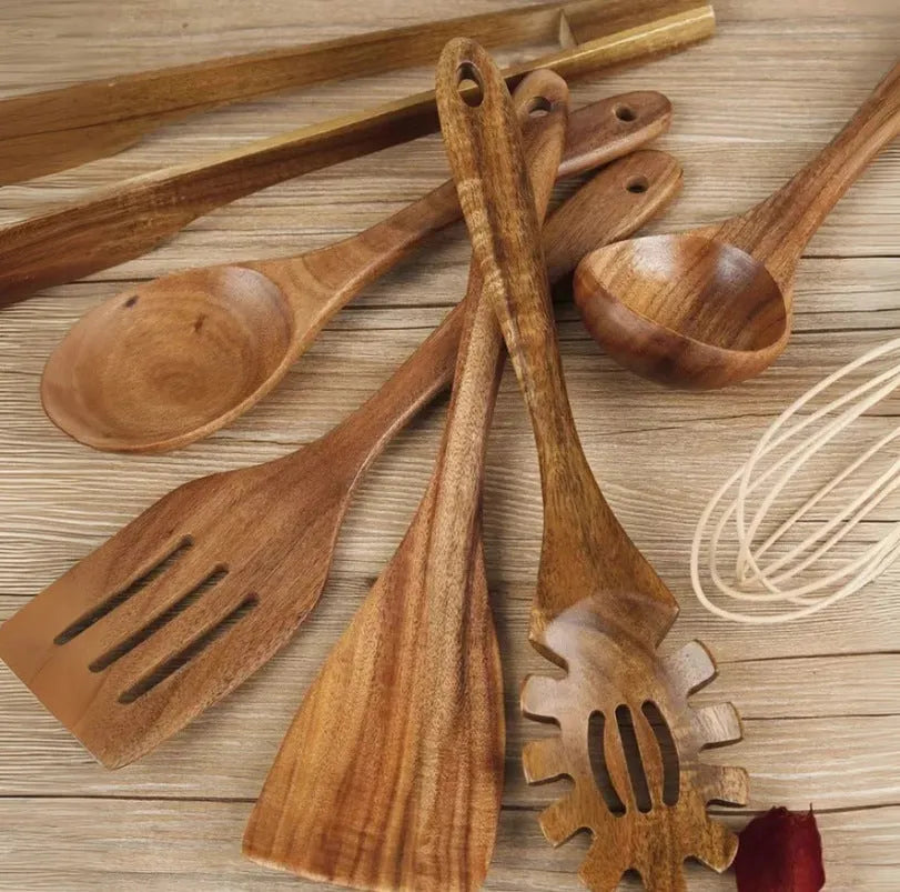 7-piece wooden cooking utensil set including spoon and spatula for non-stick pans