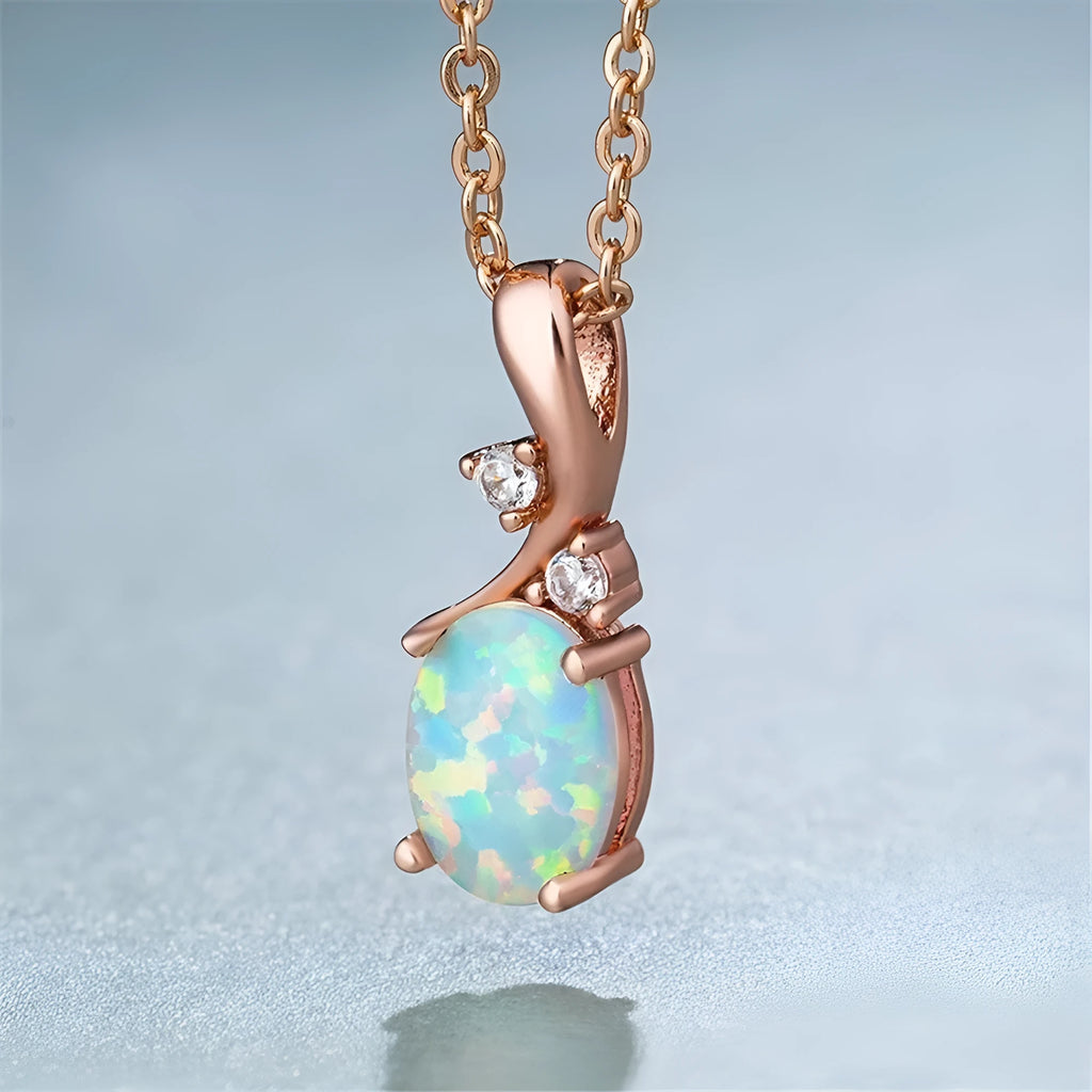 Water drop shaped opal pendant necklace with adjustable O-shaped chain in rose gold or white electroplated finish