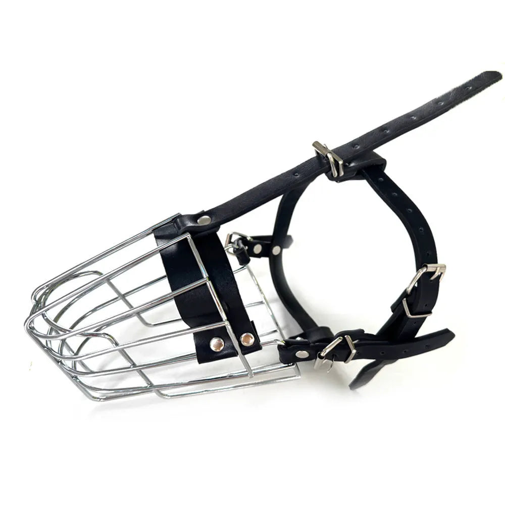 Black metal dog muzzle designed for Golden Retriever and German Shepherd breeds with adjustable straps.