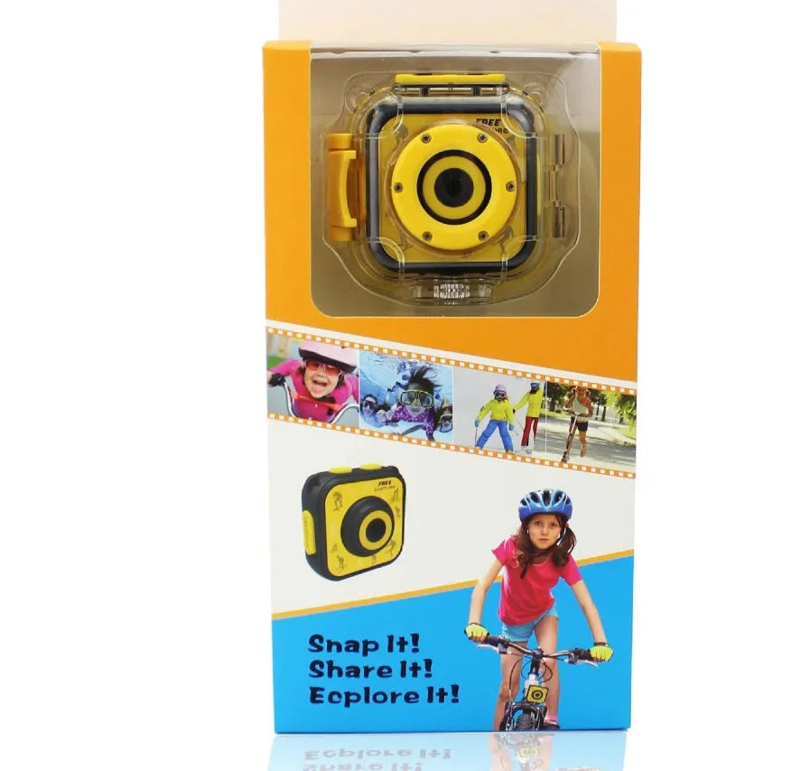 Yellow children's waterproof sports camera with a 1.77-inch screen, shown from the front.