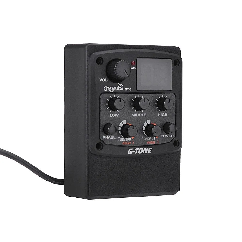 Cherub GT-6 black acoustic guitar EQ pickup unit with control knobs for volume, EQ and effects.