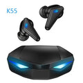 Blue K55 wireless Bluetooth gaming earbuds with TWS binaural design on a solid background.