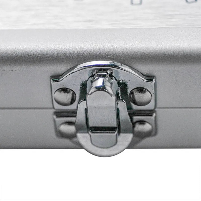 Silver aluminium soldering iron storage case with carrying handle showing compact dimensions
